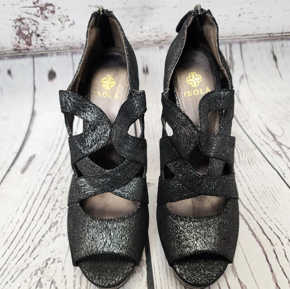 Isola Dallan Metallic Black Silver Platform Leather Heels‎ Size 9